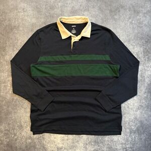 Sonoma Mens XL Rugby Polo Shirt Long Sleeve Navy Blue Green Striped Cotton Blend